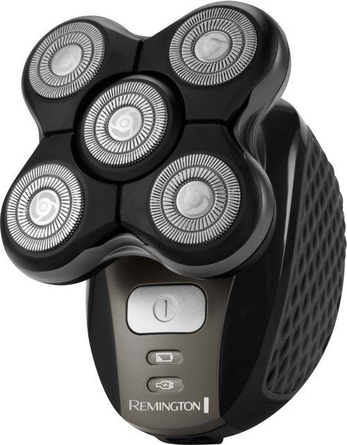 Elektrische scheerapparaat met vijf ronddraaiende messen en digitale aan/uit-knop, merk Remington.