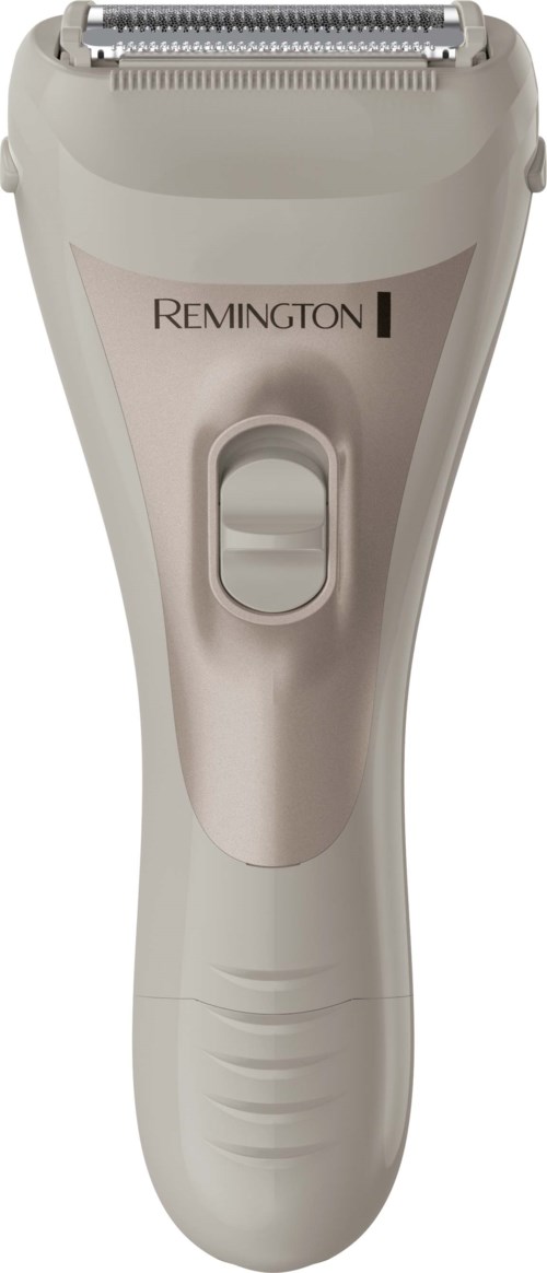 Electric shaver with a white body and a single on/off switch, branded Remington, suited for grooming facial hair.
