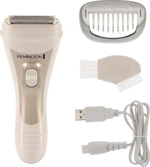 Remington electric shaver with a detachable foil, cleaning brush, and power cord.