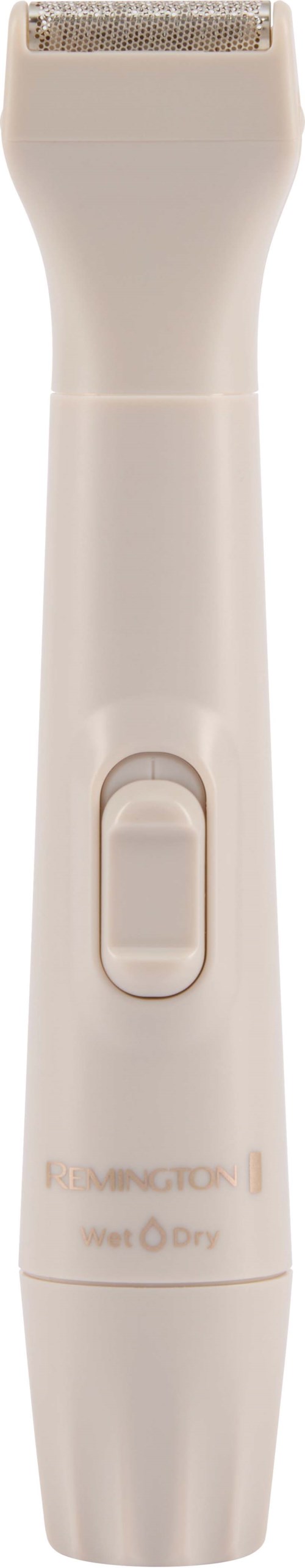 Electric facial epilator with a white handle and a gold trimming, featuring a power button and a shaving head.