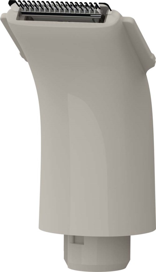Electric hair clipper with a white body and adjustable blades on top.