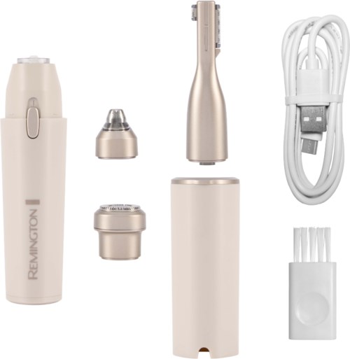 Electric trimmer with detachable shaving head, USB cable, battery, and accessories in cream color.