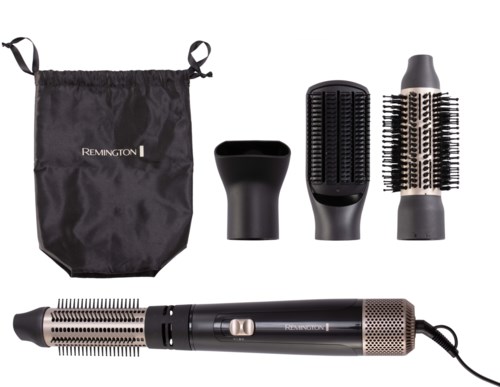 Ein Haartrockner mit drei Aufsätzen, eine schwarze Tasche und ein Netzkabel.