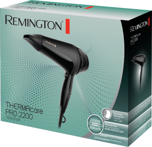 Verpackung für einen Remington-Haartrockner, schwarzes Gerät auf der Vorderseite, mit Produktdetails und Logo.