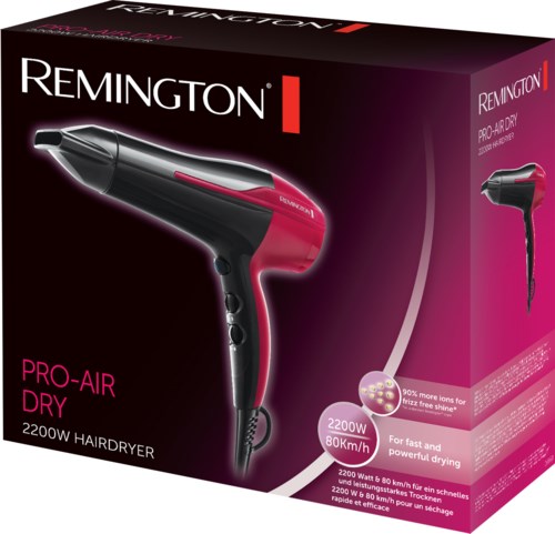 Förpackning som visar en svart och rosa hårtork med Remington-märke, modell och effektuppgifter. Innehåller produktdetaljer.