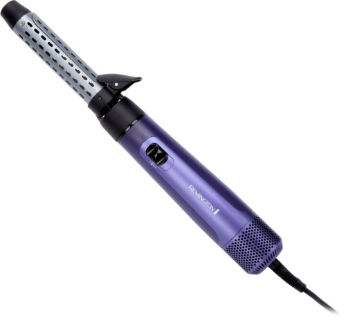 A purple and black hair styling tool with a long, cylindrical design and a vented barrel.