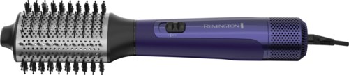 Round hairbrush with a purple handle and a combination of black and silver bristles. Cord attached.
