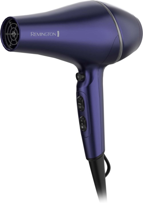 Blue Remington hair dryer with control buttons and a power cord.