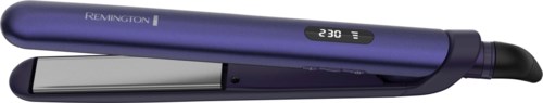 A purple Remington hair straightener with a digital display showing 230 degrees and a black handle.