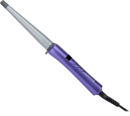 A curling iron with a purple handle and silver barrel, used for curling hair.