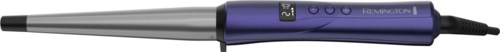 A blue and silver hair straightener with a digital display and control buttons on the handle.