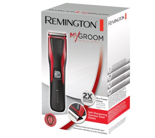 Remington My Groom hårklippare i rött och svart, med självslipande rostfria blad, på vit förpackning.