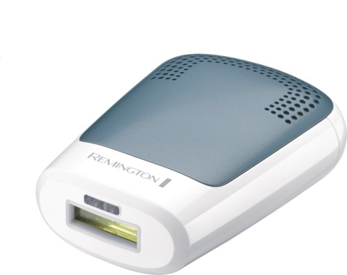 En liten bärbar enhet med vit kropp, grå topplatta och en gult ljus USB-port, märkt "REMININGTON."