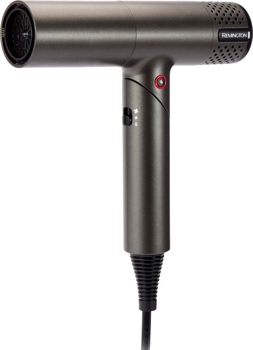 Remington black and gray hair dryer with a handle and control buttons.