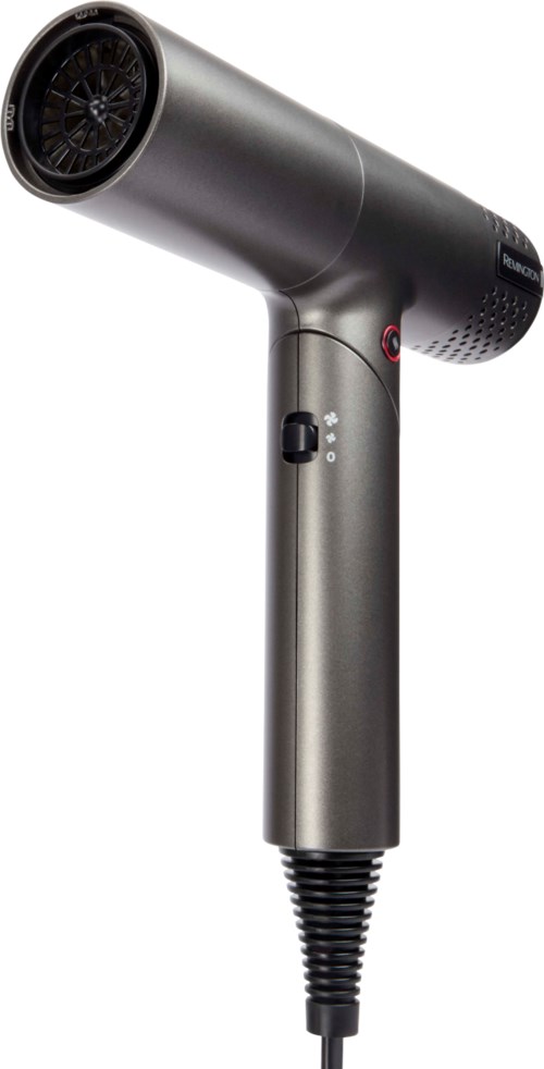 A hair dryer with a silver body, black nozzle, and a cord at the bottom. It has a power switch and a red button.