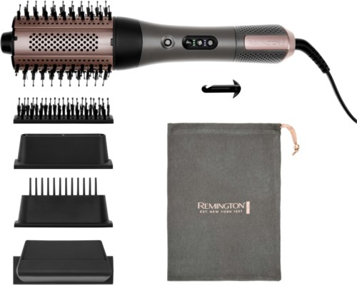 A heated hairbrush with a round barrel, multiple attachments, a storage pouch, and a drawstring bag for storage.