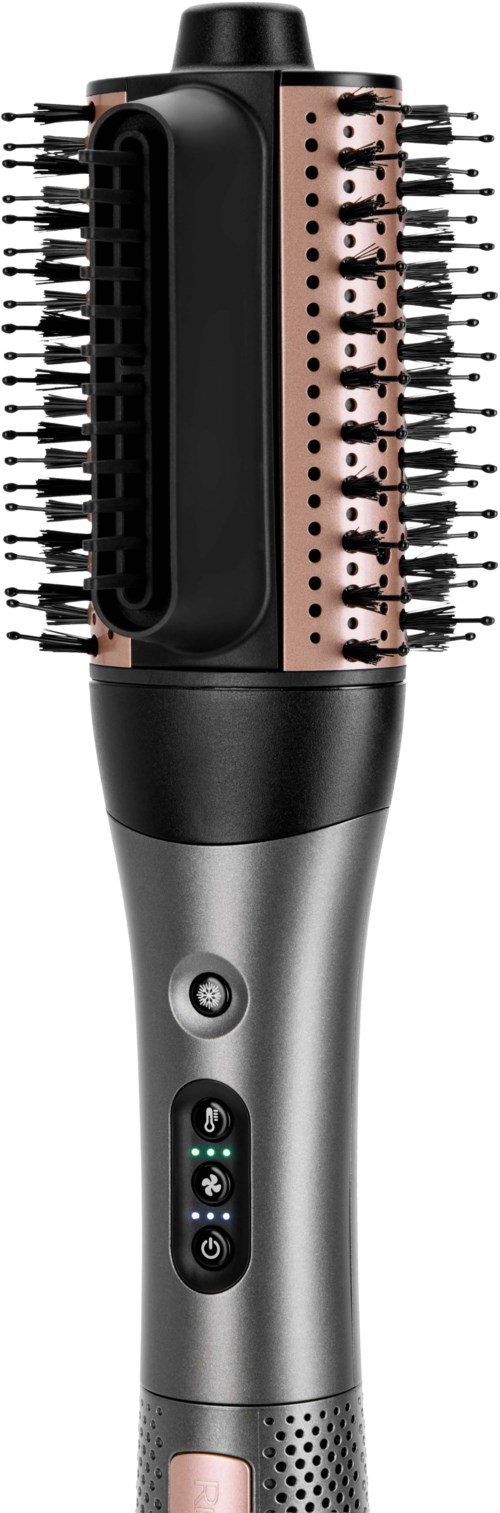 Electric heated hairbrush with rotating barrel and digital controls for styling.