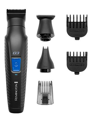 Ein Remington-Haarschneider mit vier Aufsätzen zum Schneiden und Trimmen von Haaren oder Bart.