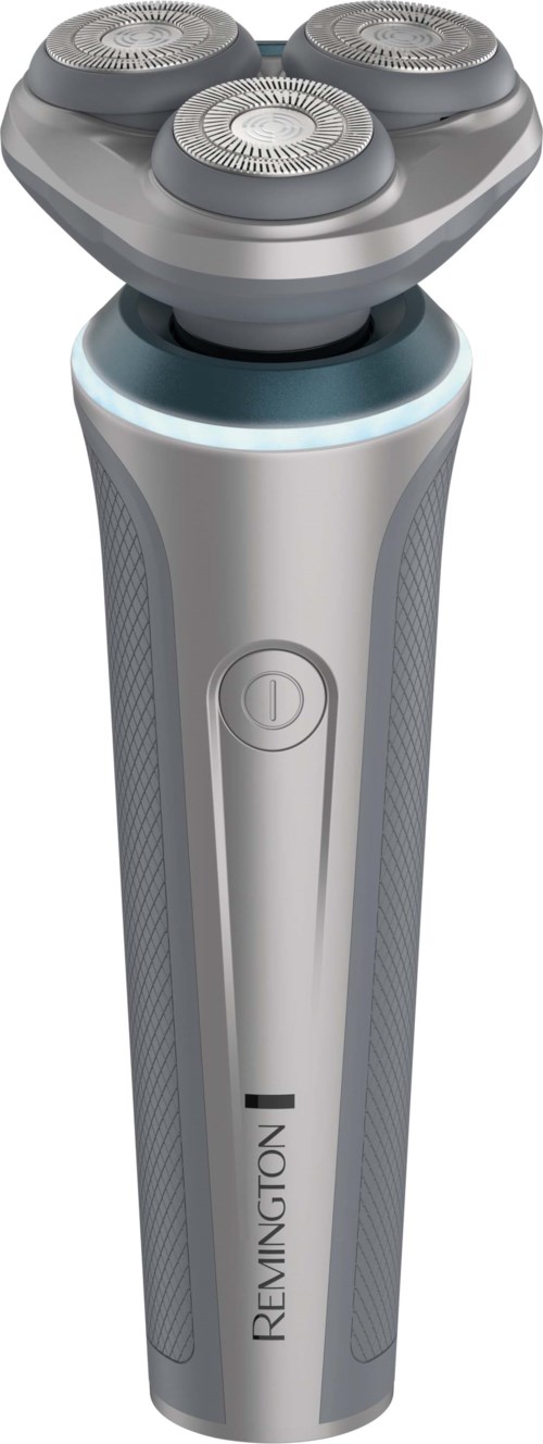 Electric shaver with three rotary blades and a gray and blue handle.