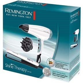Remington Shine Therapy hairdryer with a white and black design, base and nozzle, in blue packaging.
