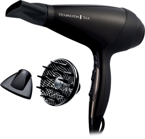 A black Remington Silk hair dryer with a separate attachment and a diffuser for styling hair.