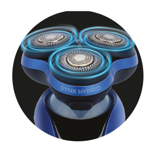 Een blauwe elektrische scheermachine met drie ronde messen, blauwe gloed en label 'SYNX HYBRID'.