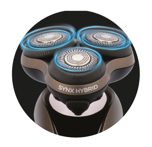 Scheermes met drie ronde messen en blauwe verlichting eromheen, gemarkeerd 'SYNX HYBRID.'