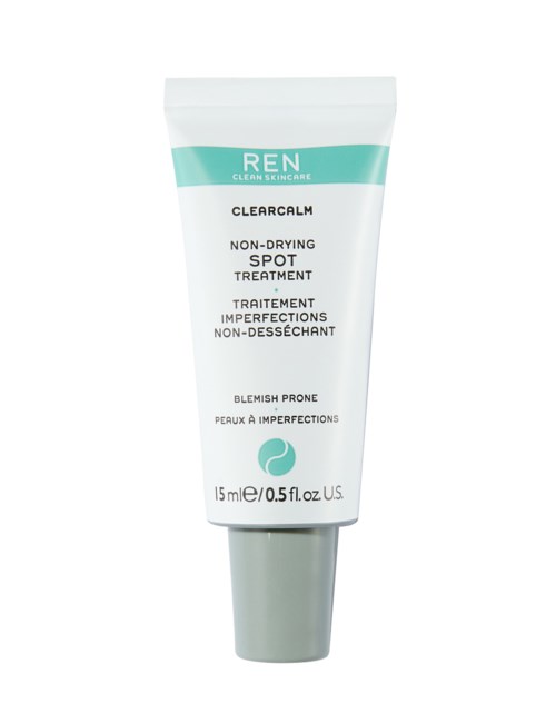 En tub med REN Clearcalm mot finnar. Vit och turkos förpackning. 15 ml.