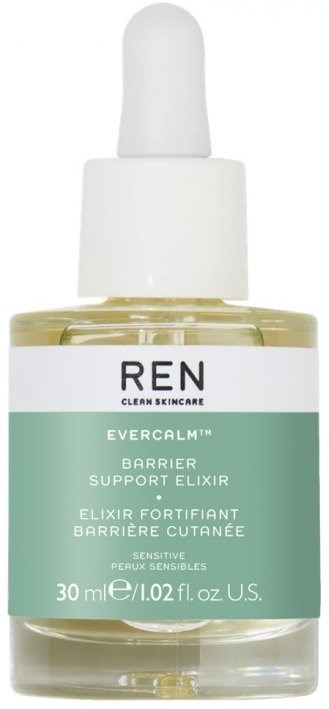 En lille glasflaske med pipette, mærket 'REN' og 'Barrier Support Elixir', til hudpleje.