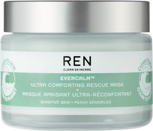 Grønn og hvit krukke med REN hudpleieprodukt for sensitiv hud, merket Evercalm Ultra Comforting Rescue Mask.