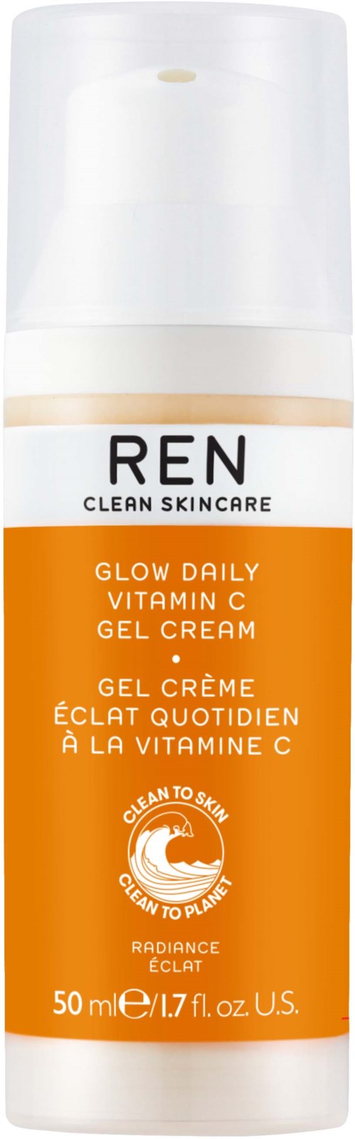 A white and orange bottle of REN Glow Daily Vitamin C Gel Cream with a pump.