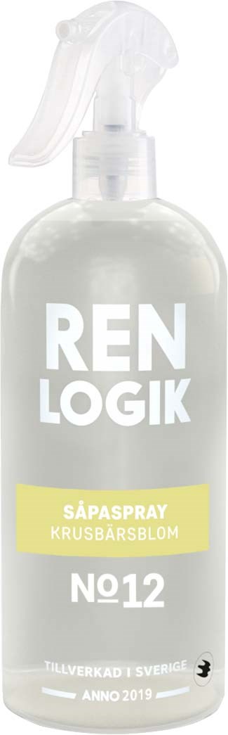 A spray bottle labeled 'REN LOGIK' with 'SÅPASPRAY KRUSBÄRSBLÅM' in yellow and 'NO12' on a gray background.