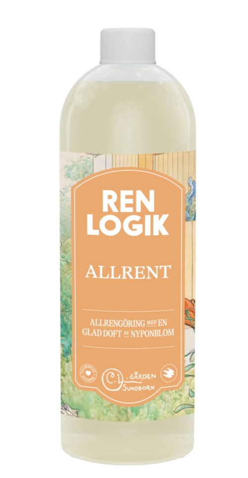 Een witte fles met oranje label, bevat allesreiniger met bloemenontwerp.