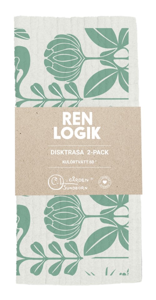 Twee papieren handdoeken met groene plant- en bloemendesigns, ingepakt in een beige label met witte tekst.