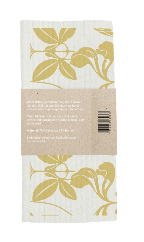 Een papieren handdoek met een geel bloemendessin, verpakt met een label met tekst en barcode.