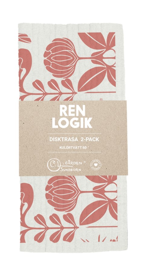 Een verpakking met twee theedoeken met een bloemenontwerp en een label met "REN LOGIK" en "DISKTRASA 2-PACK."