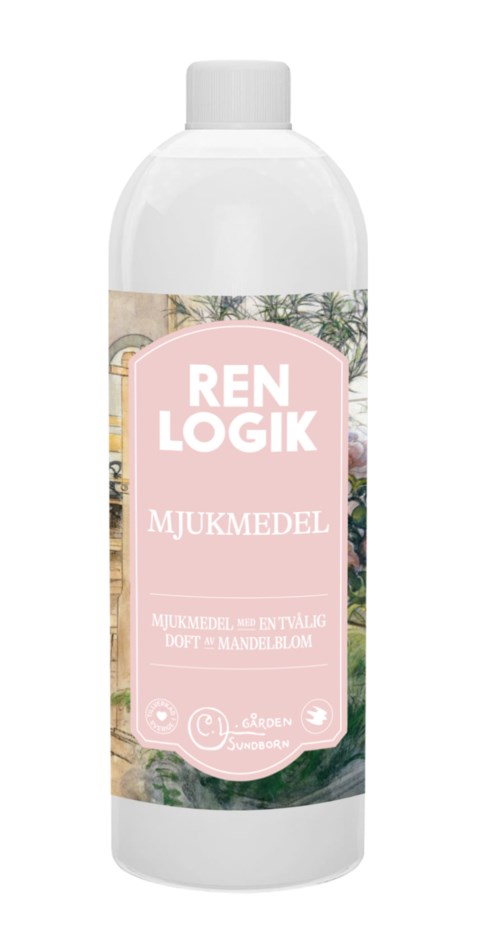 En vit flaska med en rosa etikett som säger "Ren Logik" och innehåller ett rengöringsmedel.