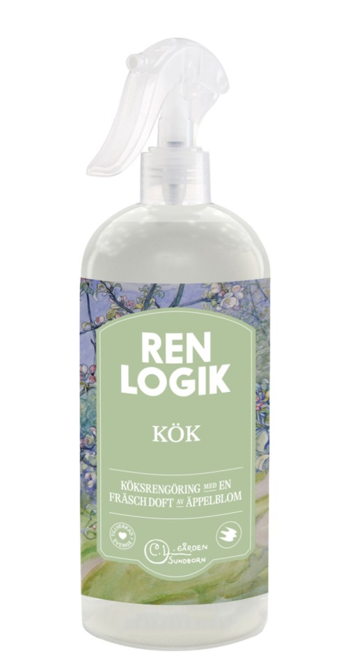 Een sprayfles met label "REN LOGIK KÖK" voor het schoonmaken van keukenoppervlakken met lentebloemthema.