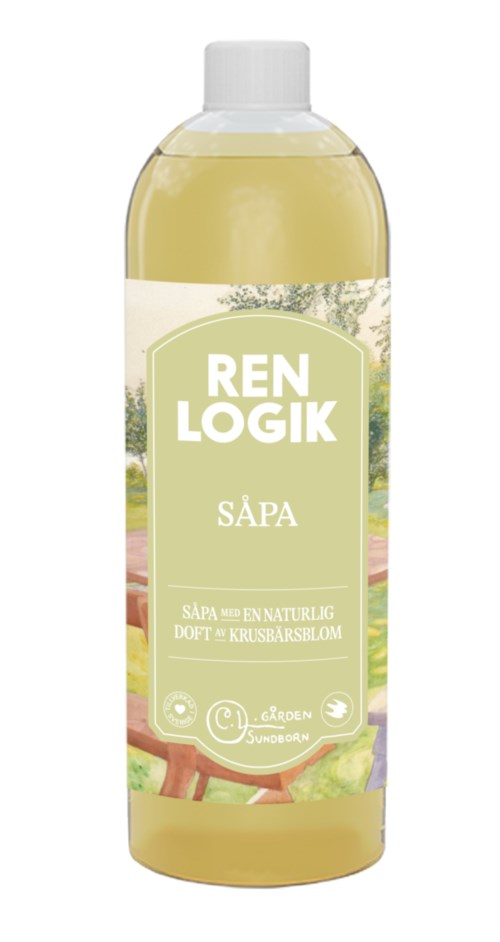 Een zeepfles met label "Ren Logik Sapa" met een natuurthema ontwerp en een witte dop.