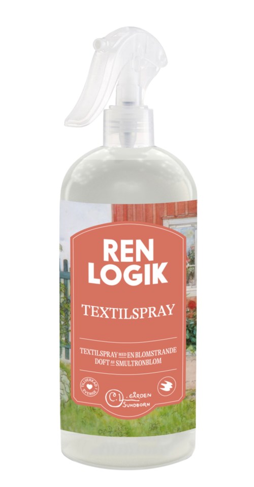 En sprayflaska märkt 'Ren Logik TextilSpray' för att rengöra tyger, med ett hus och trädgård på etiketten.