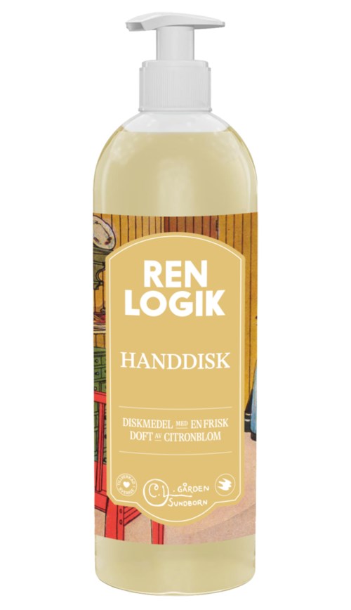 Een pompflacon met handdesinfecterend middel dat 'Ren Logik Handdisks' zegt, met houten achtergrondontwerp.