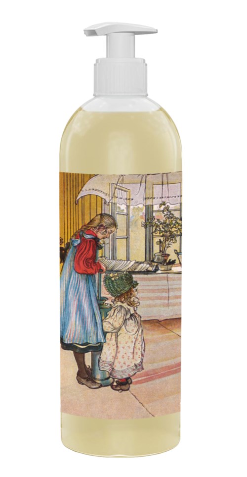 Een zeepfles met een illustratie van een oude scène met twee vrouwen en een kind in een gezellige kamer.