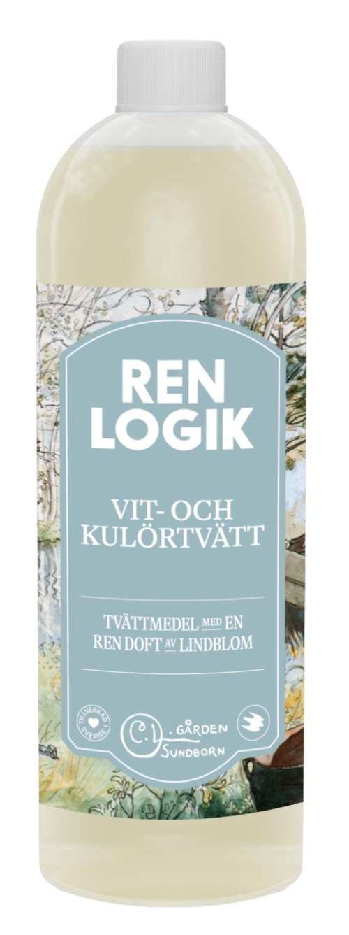 Een fles wasmiddel met label 'REN LOGIK' en een natuurthema ontwerp.