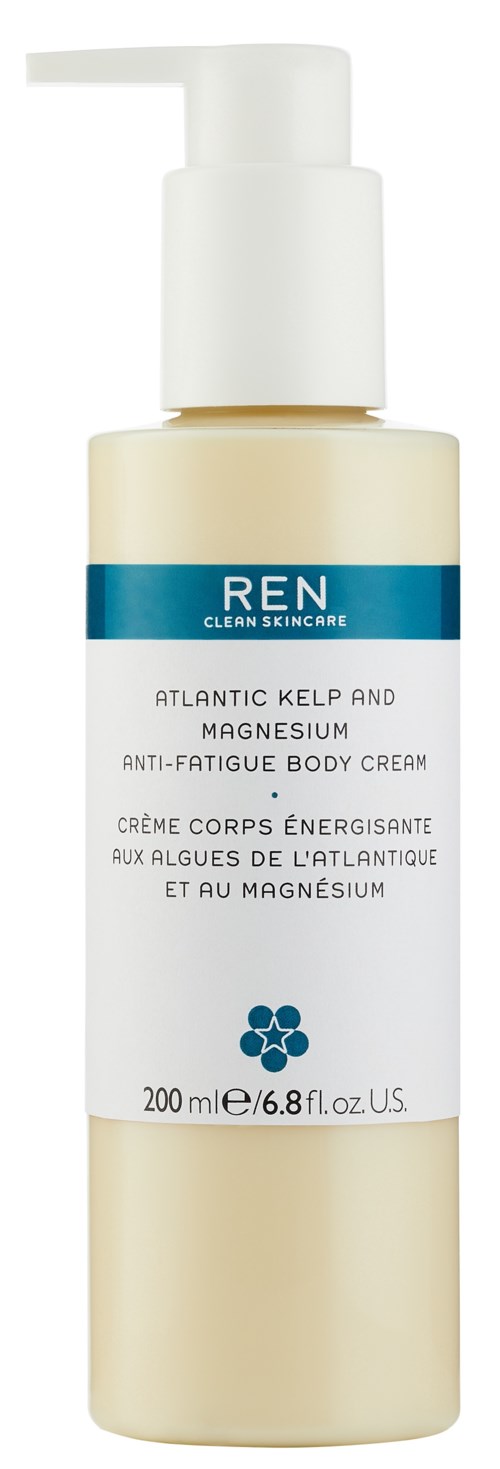 En vit flaska med pump, märkt 'REN Atlantic Kelp and Magnesium anti-fatigue body cream'.
