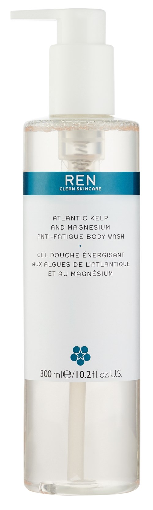 En tydlig plastflaska med pump, märkt 'REN,' innehållande globalt kelp- och magnesiumskumbad, 300 ml.