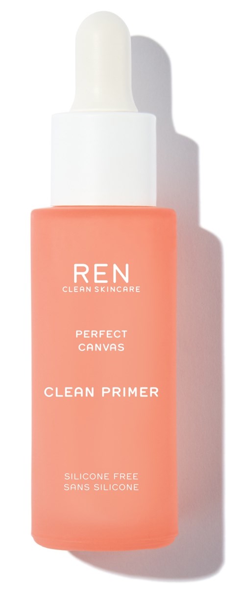Valkoinen pipettepullossa oleva pullo, jossa lukee 'REN Clean Primer, Silicon Free.'