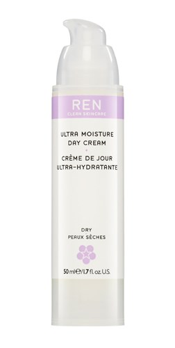 En vit behållare med en lila etikett som säger REN, ultra fuktighets dagkräm, för torr hud, 50 ml.