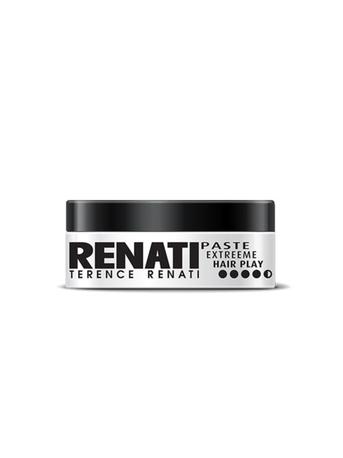 Ett litet burk med svartvitt etikett som visar en hårstylingprodukt kallad Renati Paste Extreame Hair Play.