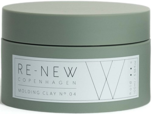 Een ronde, grijze container met een label dat zegt "RE-NEW COPENHAGEN MOLDING CLAY NO. 04" en bevat 100 ml.