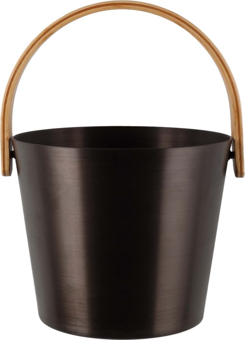 En svart metallhink med ett trähandtag.